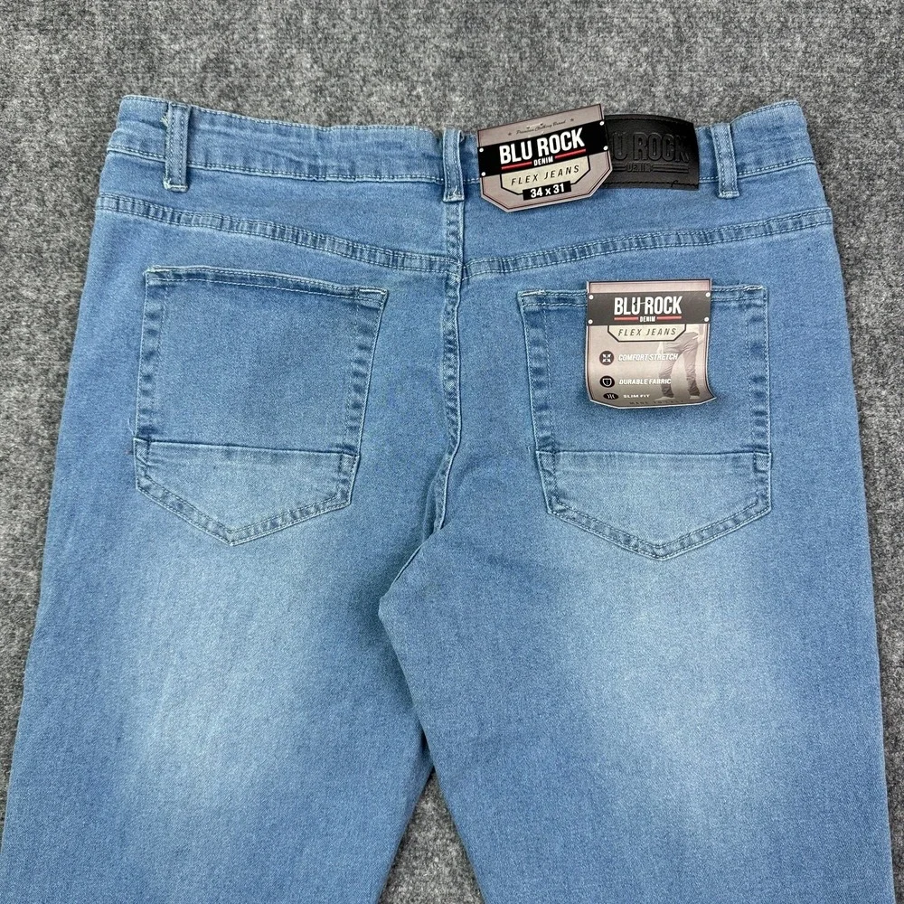 Blu Rock Jeans Mens 34x31 Slim Fit Light Blue 4 Way Stretch Flex Denim NWT